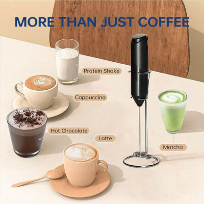 Electric Milk Frother with Stand – Handheld Coffee & Drink Frother