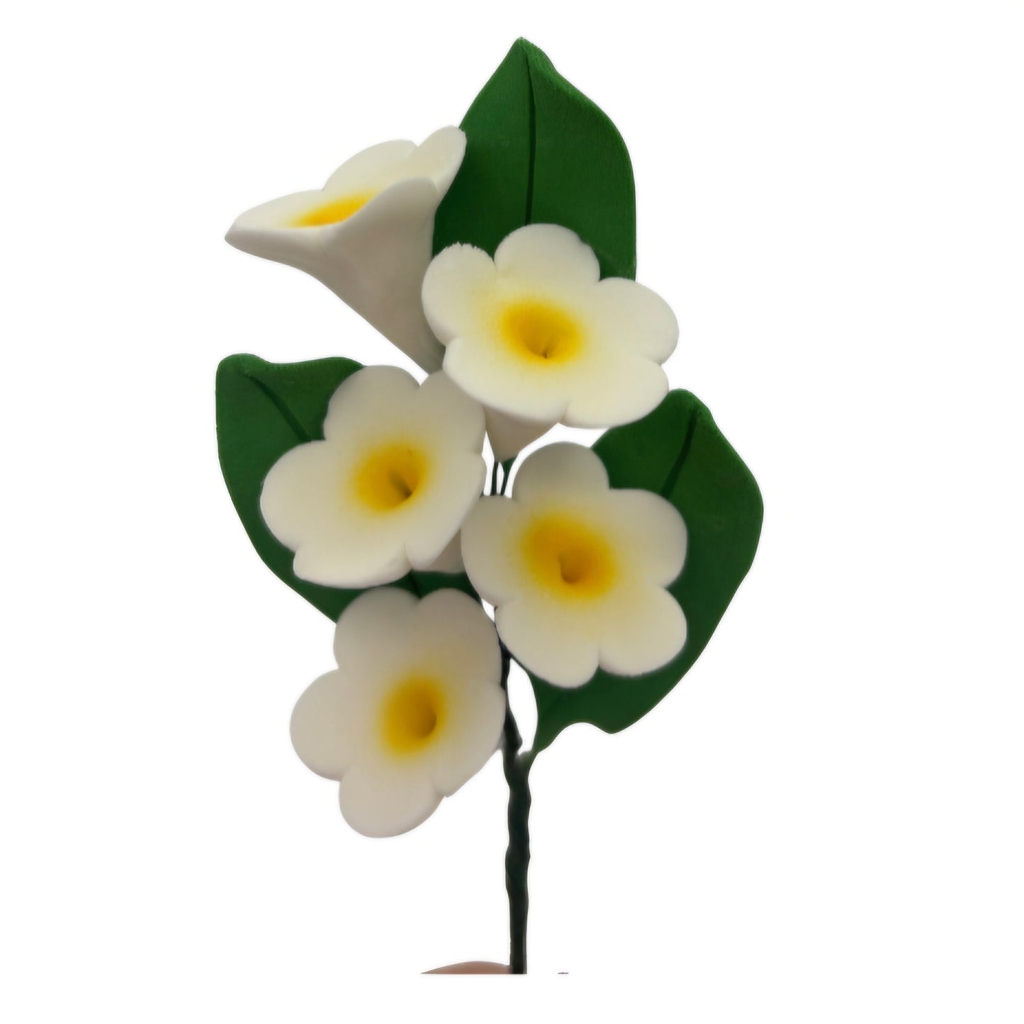 Gum Paste Flower Sprig, White Blossom with Leaves, 4 Inch