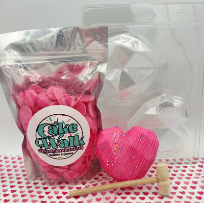 Breakable Heart Valentine Chocolate Kit – Geometric Heart Mold, Mallet + 1 lb Pink Chocolate Wafers