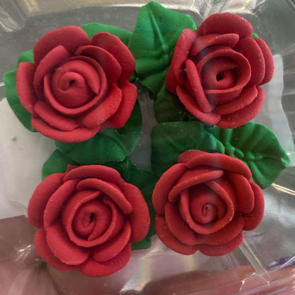 Edible Red Rose Cake Decorations with Leaves – 1" Sugar Flower Toppers, 4 Count