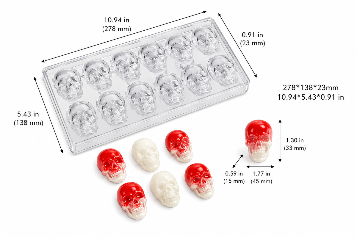 Skull Head 3D Bite Sized Polycarbonate Chocolate Candy Mold – 12 Cavity