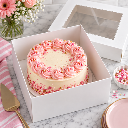 Tall White 2-Piece Cake Box with Window – 8" × 8" × 8"