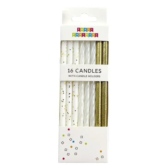 White & Gold Glitter Birthday Candles 16 count