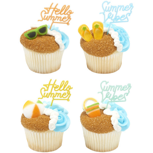 Summer Beach Cupcake Toppers | DecoPac Summer Fun Dec-Ons Sugar Decorations Assortment *Red 3 Free*